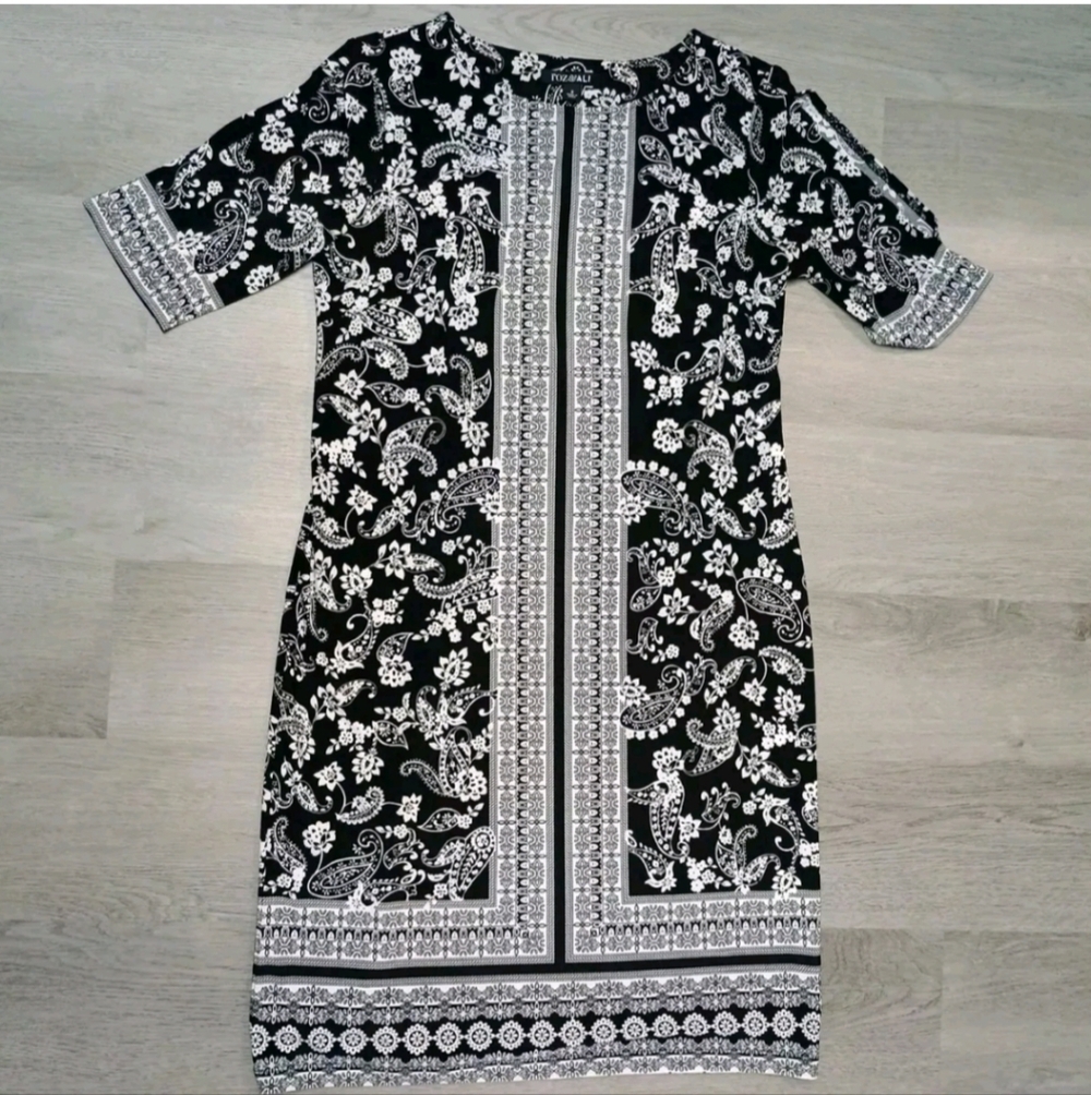 Roz & Ali Black White Paisley Dress Stretch Office Casual  Knee Length Small